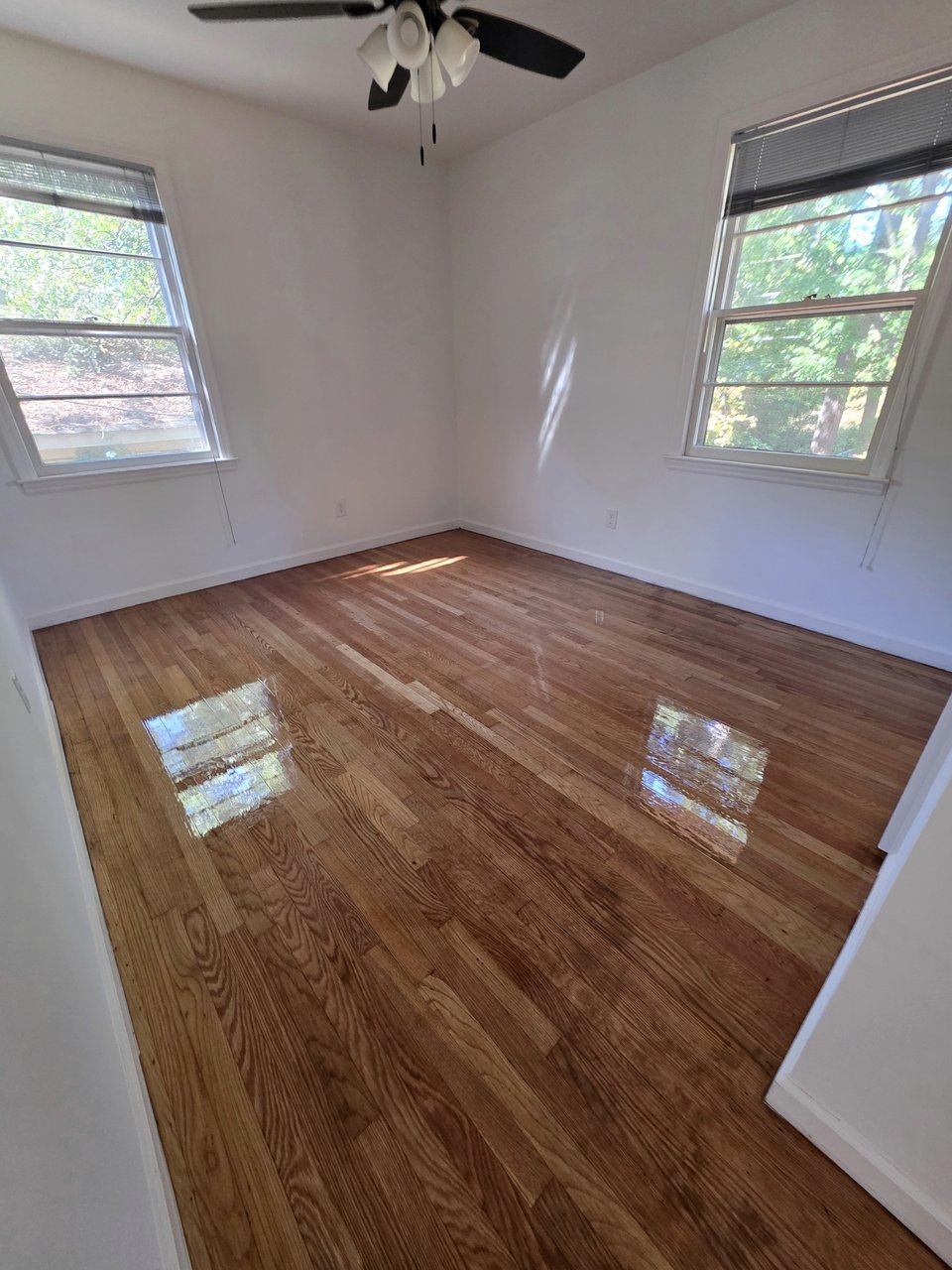 Finished bedroom floor reflecting the windows