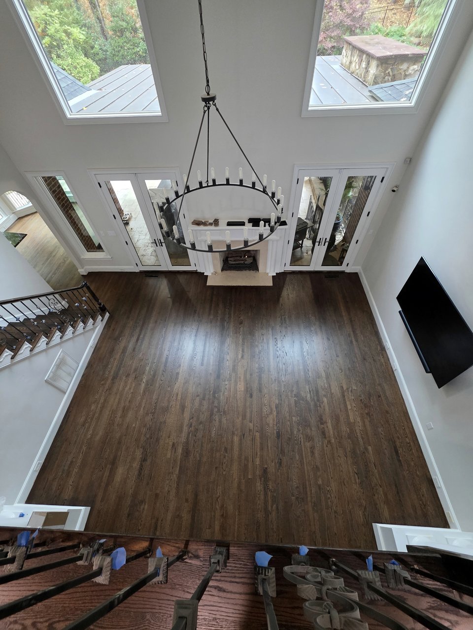 Overhead view of a living-room wood floor